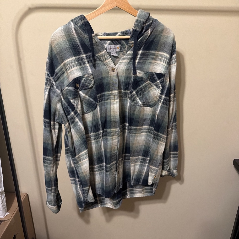 Carhartt Blue/ teal and White Plaid flannel Shirt